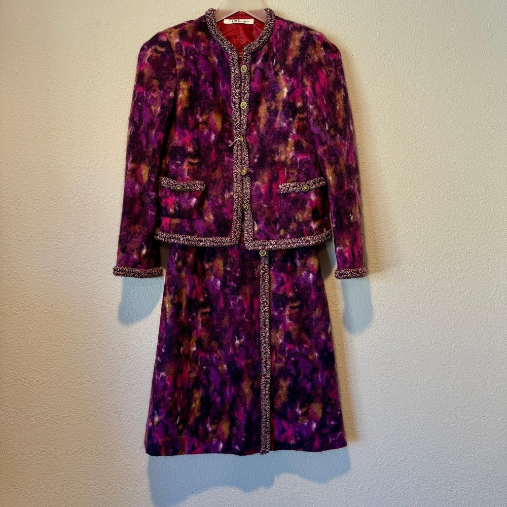 Vintage Eres Beverly Hills Skirt Jacket Set Purple Gold Knit Trim Unique